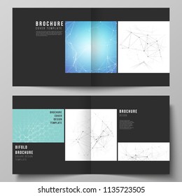 Black colored vector layout of two covers templates for square design bifold brochure, flyer. Technology, science, medical concept. Molecule structure, connecting lines and dots. Futuristic background