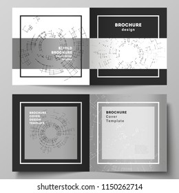 The black colored vector layout of two cover templates for square design bifold brochure, flyer, booklet. Network connection concept with connecting lines and dots. Technology design digitalbackground