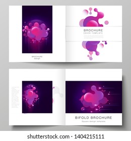 The black colored vector layout of two covers templates for square design bifold brochure, magazine, flyer, booklet. Black background with fluid gradient, liquid pink colored geometric element.