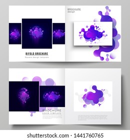 The black colored vector layout of two covers templates for square design bifold brochure, magazine, flyer, booklet. Black background with fluid gradient, liquid blue colored geometric element.