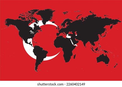 Black colored World map on flag of Turkey