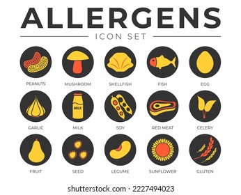 Black Colorful Allergens Icon Set. Peanuts, Mushroom, Shellfish, Fish, Egg, Garlic, Milk, Soy Meat, Celery, Fruit, Seed, Legume And Sunflower Gluten Allergy Icons