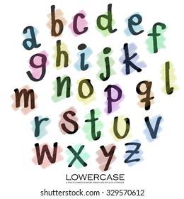 Black colorful alphabet lowercase letters.Hand drawn written with a soft watercolor paint brush chalk pencil