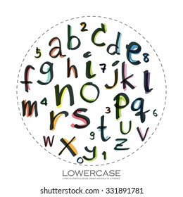 Black colorful alphabet lowercase letters.Hand drawn written with a soft watercolor paint brush chalk pencil