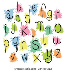 Black colorful alphabet lowercase letters.Hand drawn written with a soft watercolor paint brush chalk pencil