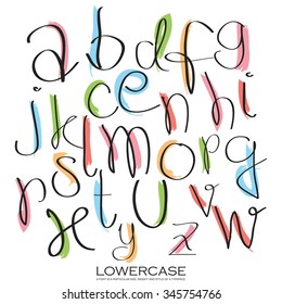 Black colorful alphabet lowercase letters.Hand drawn written with a soft watercolor paint brush chalk pencil