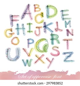 Black colorful alphabet uppercase letters.Hand drawn written with a soft watercolor paint brush chalk pencil
