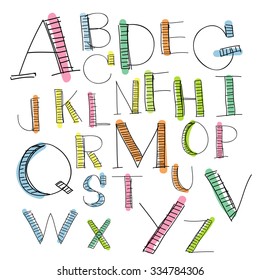 Black colorful alphabet uppercase letters.Hand drawn written with a soft watercolor paint brush chalk pencil