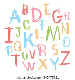 Black colorful alphabet uppercase letters.Hand drawn written with a soft watercolor paint brush chalk pencil