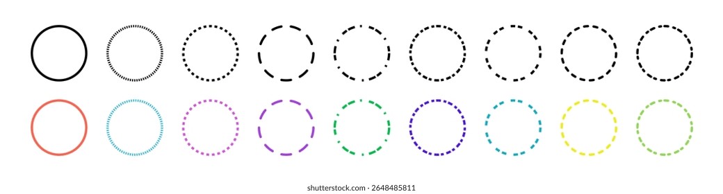 Estilos de linha de círculo preto e colorido definidos - padrões sólidos, pontilhados, tracejados e redondos. Vetor.