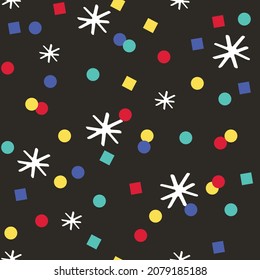 Black colorful confetti repeatable seamless pattern vector graphic background, star circle square, wallpaper, fashion print, textile pattern, scrapbooking, invitation, christmas card, decor, wrapping