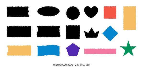 Black and colorful retro rectangles, shapes of torn paper. Grunge sheets with jagged edges for collages, stickers, banner, textbox. Vector