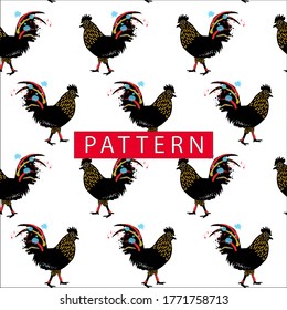 black colorful rooster seamless pattern