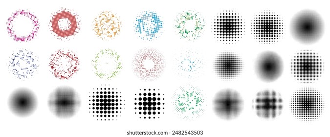 Black and colorful round effect halftone dotted design element background set. Abstract halftone circle frame texture background collection