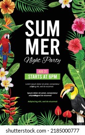 Black with colorful tropical birds and plants summer night party invitation. Vector