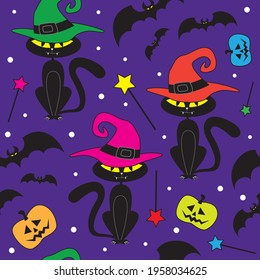 Black and colorful wizard cats, bats, pumpkins on violet background seamless pattern. Vector halloween illustration.