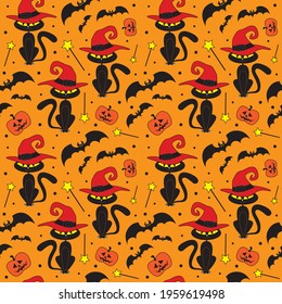 Black and colorful wizard cats, bats, pumpkins on orange background seamless pattern. Vector halloween illustration.