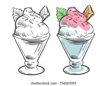 Black and coloring ice cream sketch isolated on white background. Vector illustration