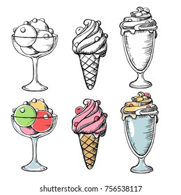 Black and coloring ice cream sketch isolated on white background. Vector illustration for your web design.