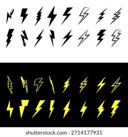  Schwarze und farbige Symbole von Donner und Blitzlicht auf weißem Hintergrund
