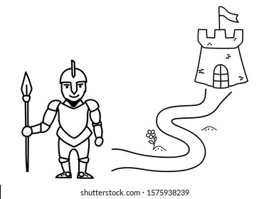 Black coloring pages with maze. Cartoon knight and castle. Kids education art game. Template design on white background. Outline vector