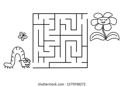 Black coloring pages with maze. Cartoon caterpillar and flower. Kids education art game. Template design with pet on white background. Outline vector