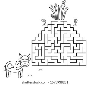 Black coloring pages with maze. Cartoon cow and grass. Kids education art game. Template design with pet on white background. Outline vector