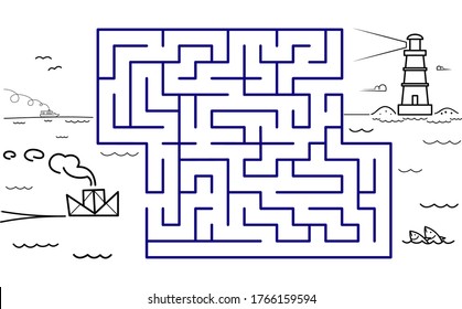 Black coloring pages with maze. Cartoon ship and lighthouse. Kids education art game. Template design with marine theme on white background. Outline vector