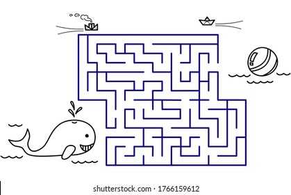 Black coloring pages with maze. Cartoon whale and ball. Kids education art game. Template design with sea animal on white background. Outline vector