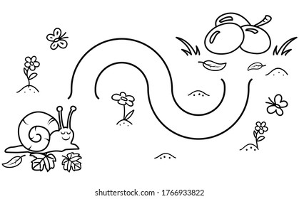 Black coloring pages with maze. Cartoon snail and grapes. Kids education art game. Template design with mollusk on white background. Outline vector