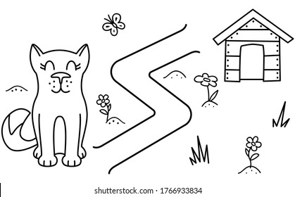 Black coloring pages with maze. Cartoon dog and booth. Kids education art game. Template design with pet on white background. Outline vector