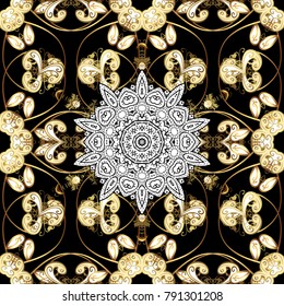 Black colors with golden elements. Oriental style arabesques. Vector golden pattern. Vector illustration. Seamless golden textured curls.