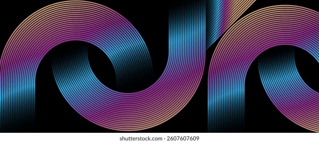 Black colour abstract background with Futuristic soft yellow - pink - sky blue colour gradient geometric diagonal glowing rounded lines design background vector illustration.  perfect for modern .