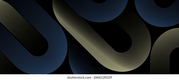 Black colour abstract background with glowing low light soft yellow and minimal soft blue colour geometric curve glowing lines Dynamic shapes composition design background vector illustration.