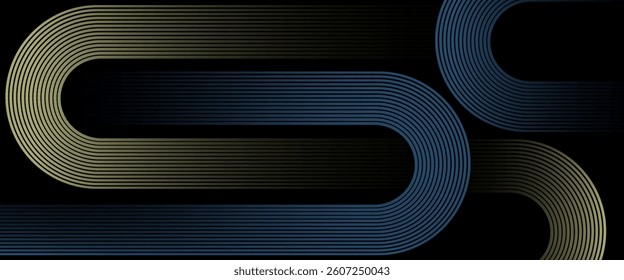 Black colour abstract background with glowing soft blue colour and soft low light yellow colour curve lines design background vector illustration. Dynamic shapes composition pattern. Function concept.