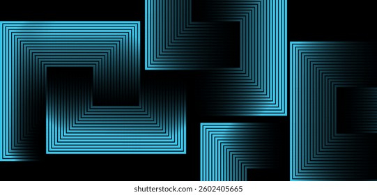 Black colour abstract background with sky blue colour geometric square shapes glowing gradient lines design background vector illustration.