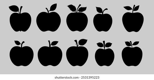 Black colour apple fruit shilhouette set