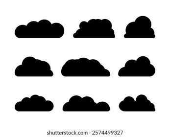 Black colour cloud design set. Clouds are rich in texture, with layers of deep blacks and smoky grays interwoven seamlessly, creating a captivating play of shadows and light. Vector illustration.