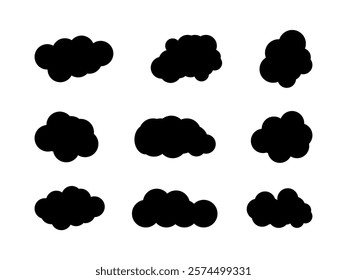 Black colour cloud design set. Clouds are rich in texture, with layers of deep blacks and smoky grays interwoven seamlessly, creating a captivating play of shadows and light. Vector illustration.