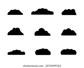 Black colour cloud design set. Clouds are rich in texture, with layers of deep blacks and smoky grays interwoven seamlessly, creating a captivating play of shadows and light. Vector illustration.