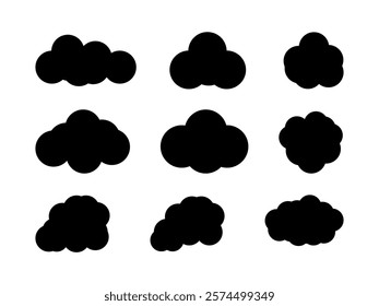 Black colour cloud design set. Clouds are rich in texture, with layers of deep blacks and smoky grays interwoven seamlessly, creating a captivating play of shadows and light. Vector illustration.