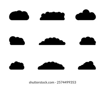 Black colour cloud design set. Clouds are rich in texture, with layers of deep blacks and smoky grays interwoven seamlessly, creating a captivating play of shadows and light. Vector illustration.