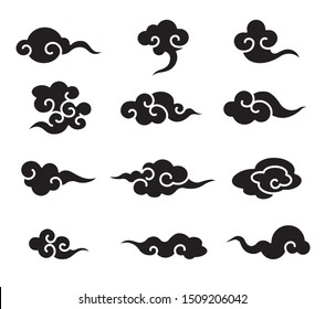 Black Colour Eastern Chinese Cloud Element Set. - Vector