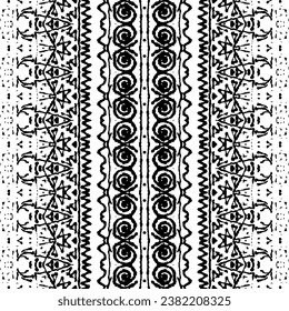 Schwarzes Farbtink-Doodle-Muster. Black Color Tribal Ikat Vektor. Abstraktes Design-Tintenmuster. Einfaches geometrisches Muster. Ethnische Dark Scribble Batik. Nahtlose Wavy Batik. Nahtloser Dunkler Doodle-Vektorgrafik