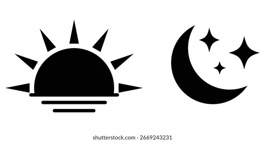 Black colour sun and moon icon on white background. Black moon, sun, star icons. Trendy isolated vector icon set. Isolated vector elements. Moon and sun icon on white background. EPS 10. 