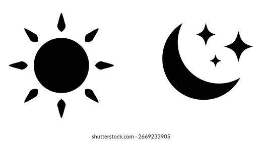 Black colour vector sun and moon icon on white background. Black moon, sun, star icons. Trendy isolated vector icon set on white background. Isolated vector elements. Moon and sun icons. EPS 10.