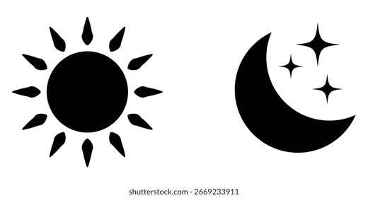 Black colour vector sun and moon icon on white background. Black moon, sun, star icons. Trendy isolated vector icon set on white background. Isolated vector elements. Moon and sun icons. EPS 10.