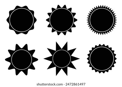 Black colour zig-zag silhouette on white background. Zig-zag edge sunburst. Set of round badges, stamps, labels, price tags with zig zag and wavy edges. Circle with sharp and rounded waves edge.