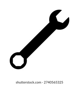 Black combination wrench icon. Spanner tool silhouette for repair, maintenance, or service. Isolated vector graphic element