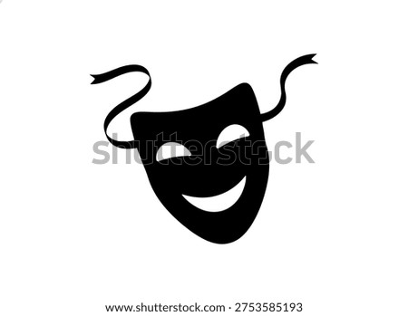 A black comedy theater mask with ribbons on a pure white background, symbolizing drama and performance in a simple, iconic design.